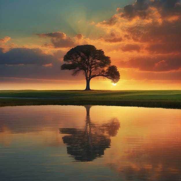 PSD un arbre solitaire au coucher du soleil