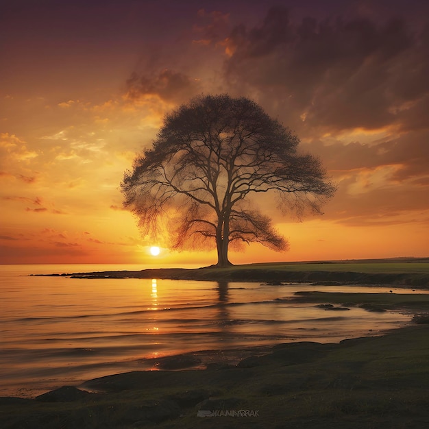 PSD un arbre solitaire au coucher du soleil