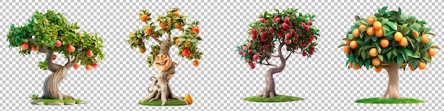 PSD des arbres fruitiers dessinés avec des visages expressifs isolés sur un fond transparent