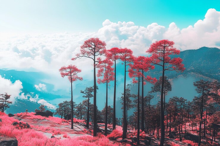 PSD des arbres roses surréalistes au sommet de la montagne au-dessus des nuages
