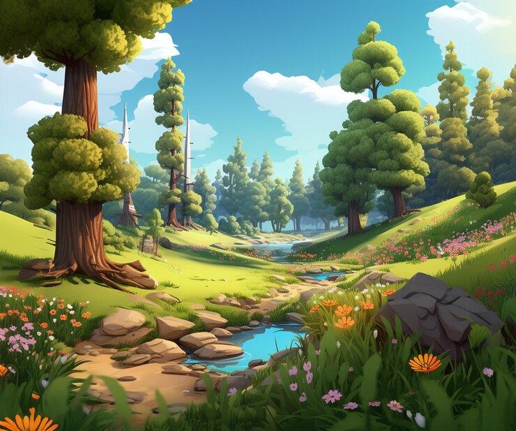 PSD les arbres sont visibles près de l'arrière-plan 3d de la forêt