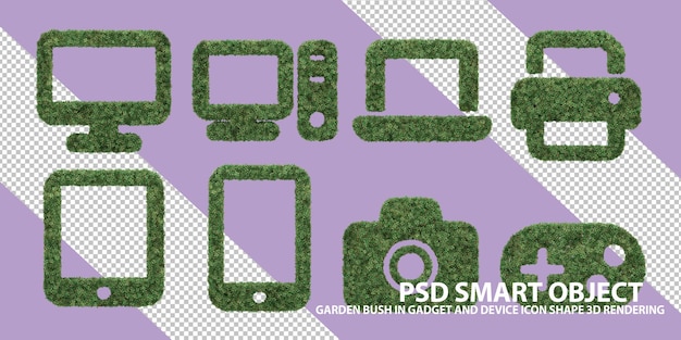 PSD el arbusto del jardín en la forma del icono del gadget y el dispositivo renderización 3d de objetos aislados