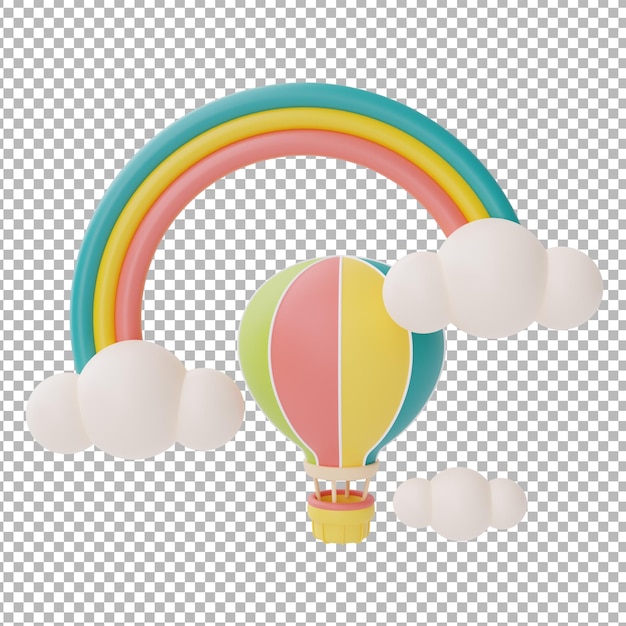 Arc-en-ciel Coloré Avec Nuages Et Ballon à Air Chaud Coloré Isoler Sur Fond Blancéléments D'étérendu 3d