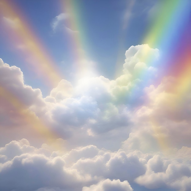 PSD arc-en-ciel dans le ciel avec des nuages et la lumière du soleil arrière-plan coloré aigenerated