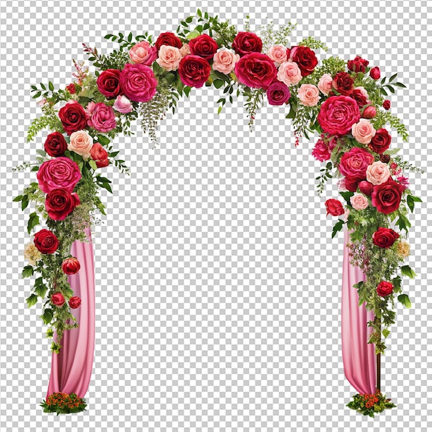 arc de mariage romantique avec des fleurs rouges et roses