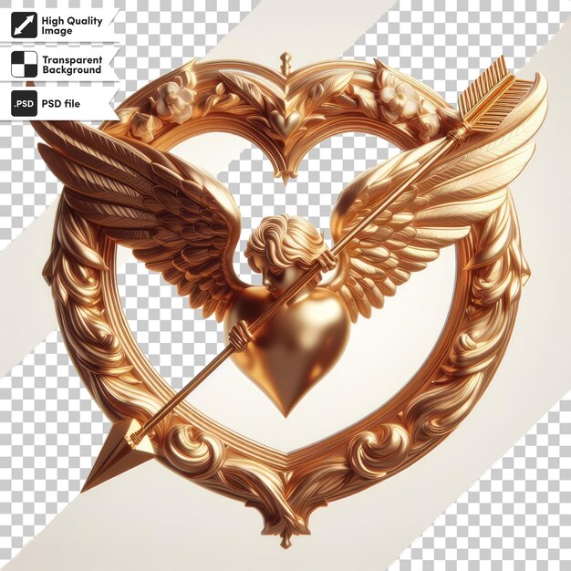 PSD l'arc d'or et les flèches cœur avec des ailes illustration de la saint-valentin sur un fond transparent avec