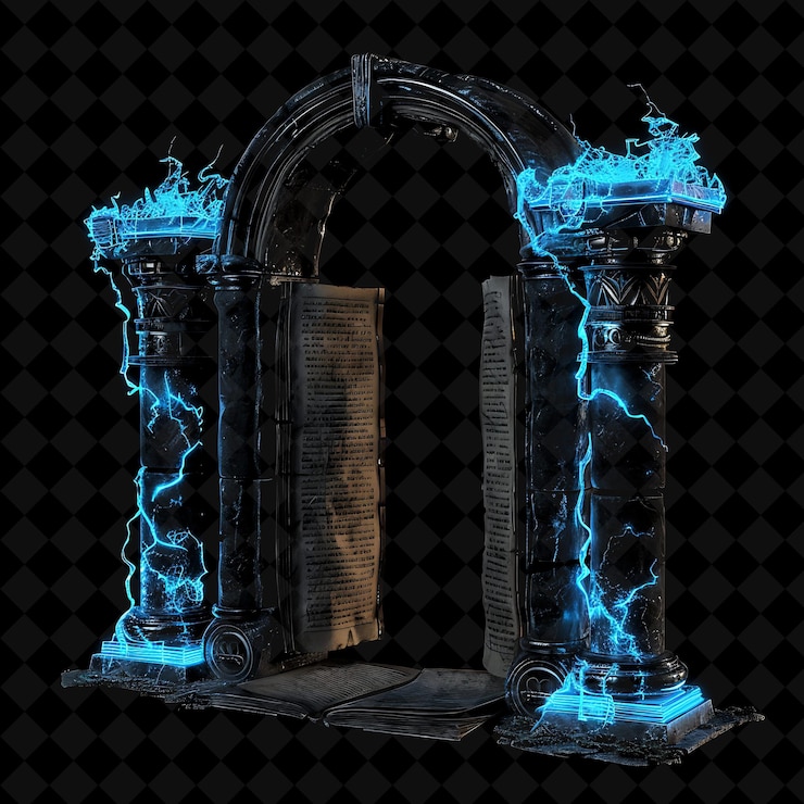 PSD arcane library archway con pergaminos y tomos antiguos hechos en w png y2k colección de colores de neón de forma