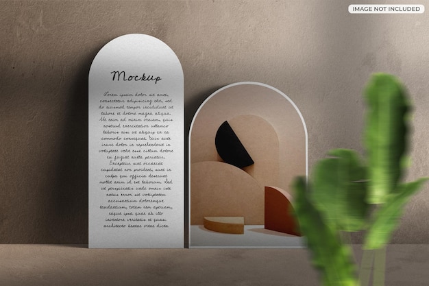 Arch Flyer Karte Papier Fotorahmen Einladung Mockup Moodboard Konzept Pflanzendekoration isoliert