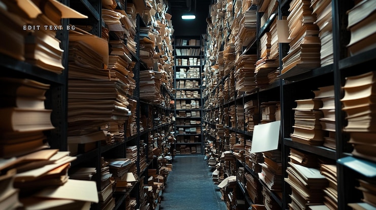 PSD archivio con file di scaffali metallici pieni di documenti e libri