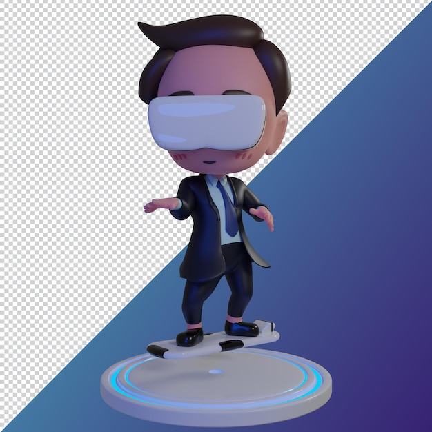 Archivo PSD Cute Businessman Cartoon SD Model usando gafas de realidad virtual y tocando la interfaz vr 3D rendering