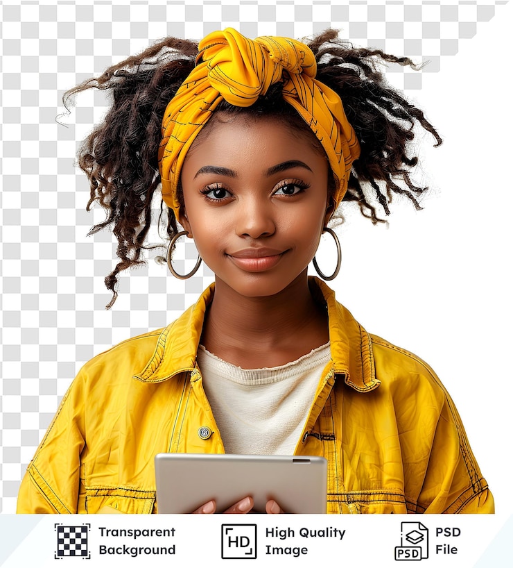 PSD archivo psd con fondo transparente de una mujer joven sosteniendo una tableta