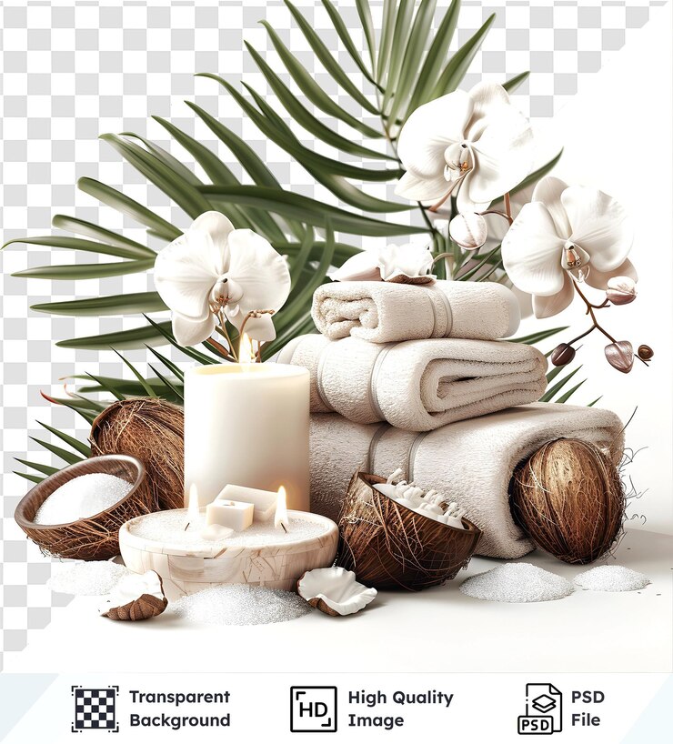 PSD archivo psd con fondo transparente de toallas velas hojas de palma de coco y huerto
