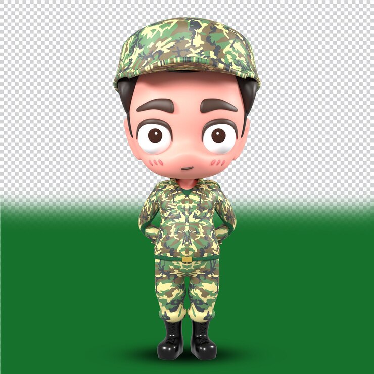 PSD archivo psd lindo soldado del ejército modelo sd de dibujos animados 3d render personaje. representación 3d.