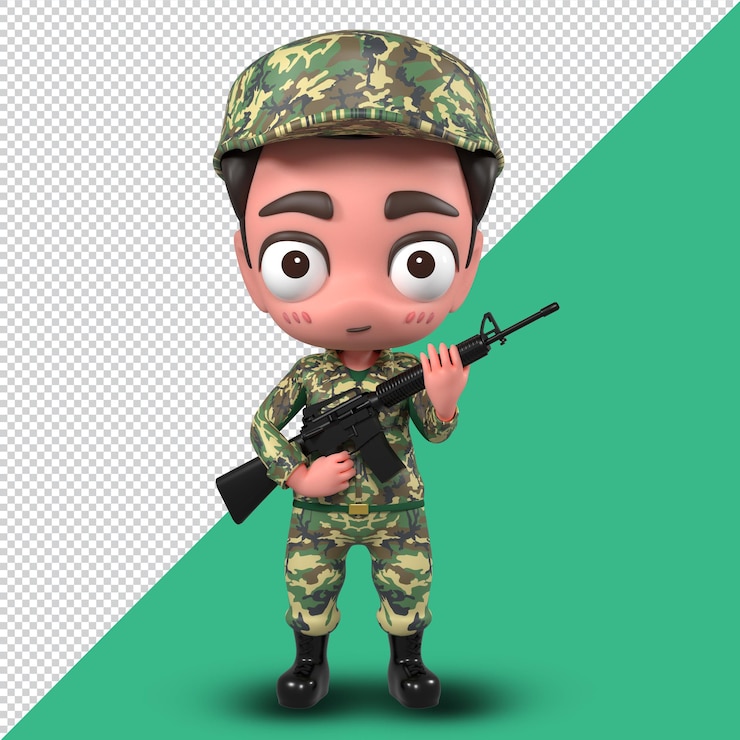 PSD archivo psd lindo soldado del ejército modelo sd de dibujos animados 3d render personaje. representación 3d.