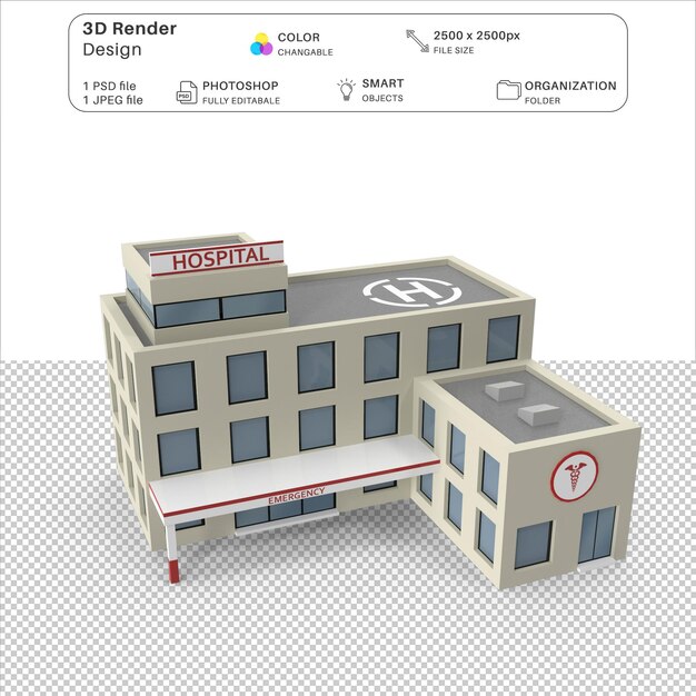 PSD archivo psd de modelado 3d del edificio del hospital de dibujos animados