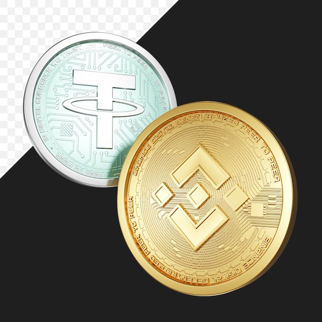 PSD archivo psd moneda binance y tether usdt criptomoneda 3d realista que hace que el fondo sea transparente