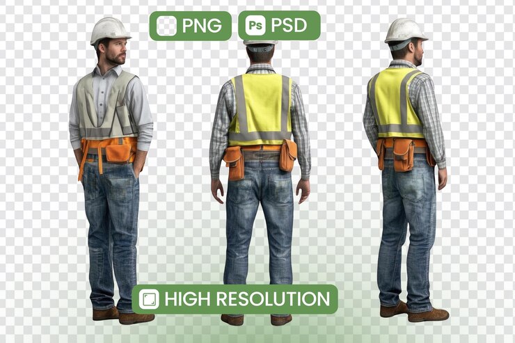 PSD archivos png y psd de alta resolución de trabajador de la construcción en vaqueros y chaleco de seguridad vistas traseras y laterales para proyectos de diseño recursos gráficos descargables gratuitos para visualizaciones