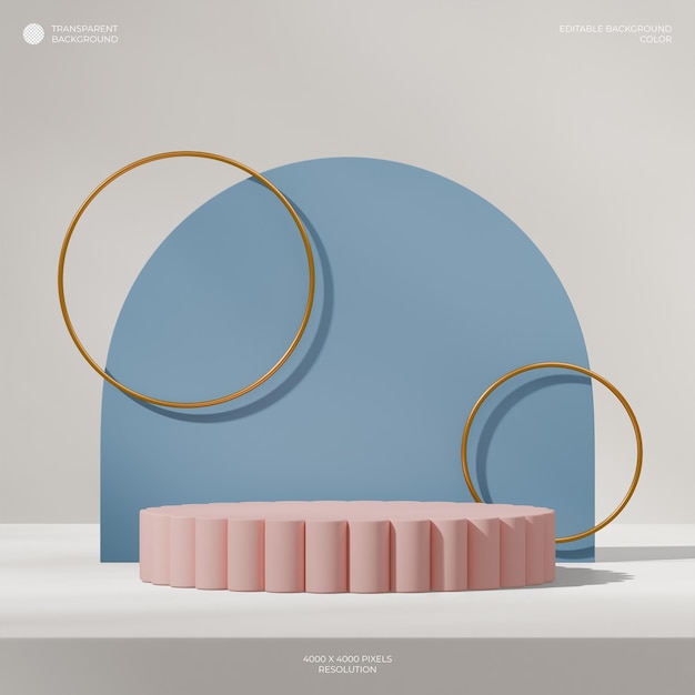 arco azul e anel dourado imagem 3D renderizar fundo transparente de pódio cilindro rosa em quadrado