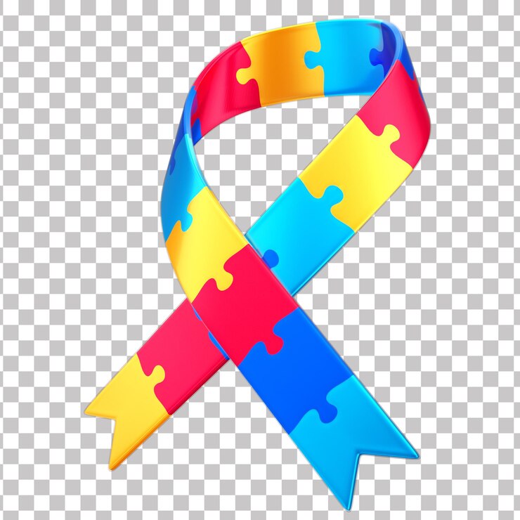 PSD arco de fita 3d com peça de quebra-cabeça para campanha de conscientização sobre o autismo abril fundo azul transparente