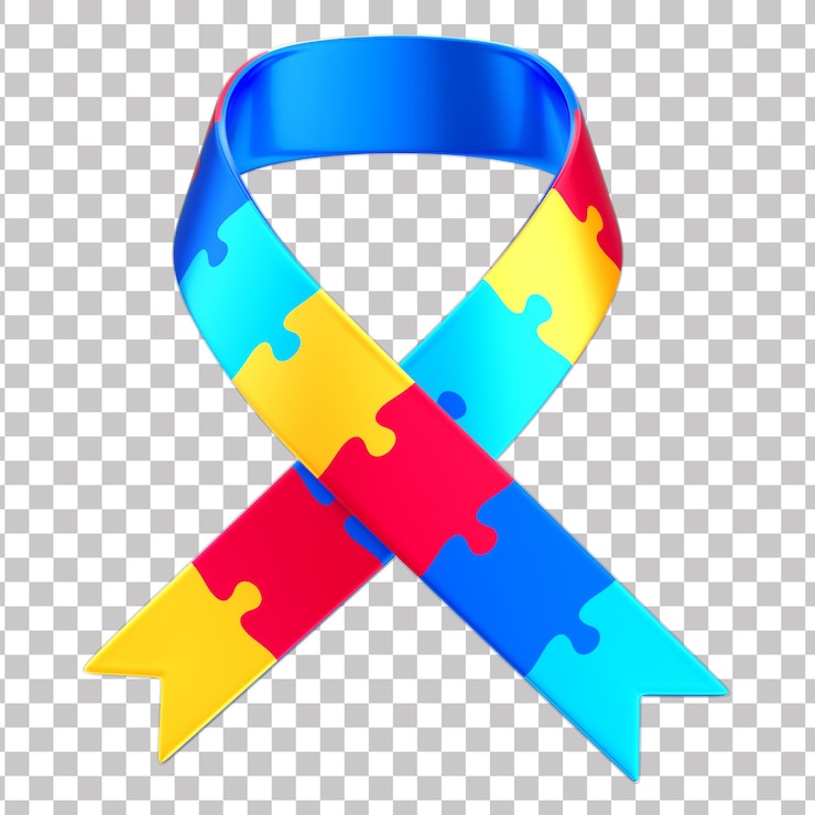 PSD arco de fita 3d com peça de quebra-cabeça para campanha de conscientização sobre o autismo abril fundo azul transparente