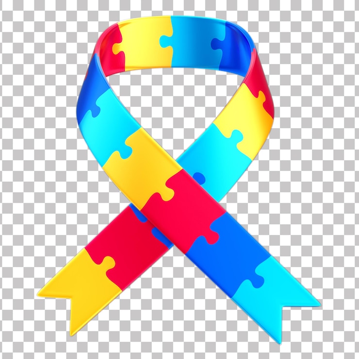 PSD arco de fita 3d com peça de quebra-cabeça para campanha de conscientização sobre o autismo abril fundo azul transparente