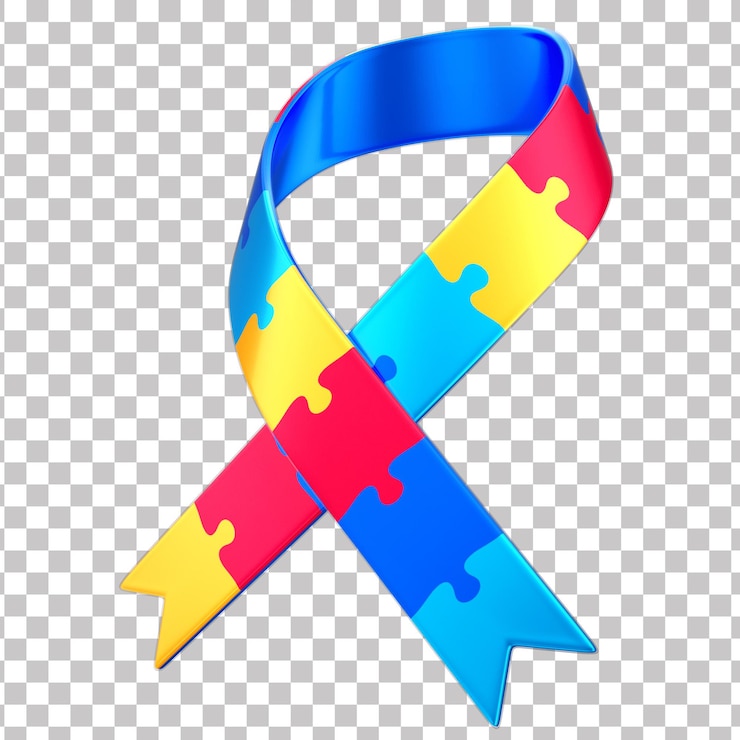 PSD arco de fita 3d com peça de quebra-cabeça para campanha de conscientização sobre o autismo abril fundo azul transparente