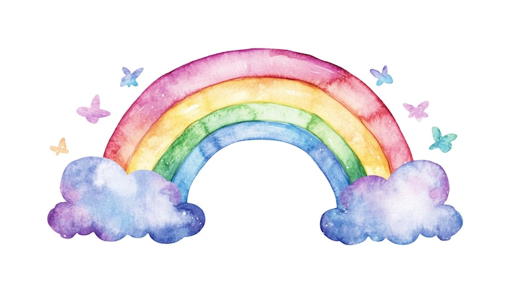PSD arco iris de acuarela con ilustraciones de nubes aisladas sobre un fondo blanco