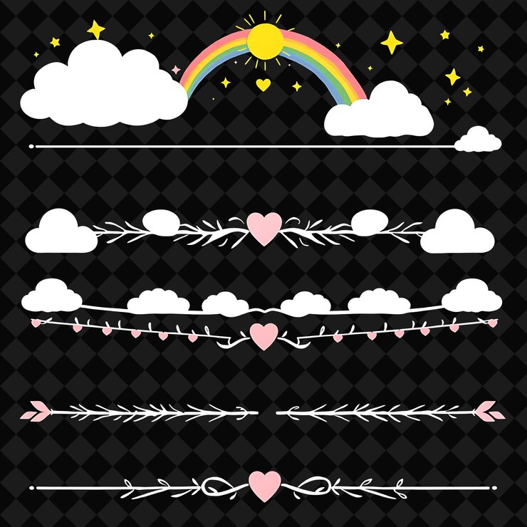 PSD un arco iris y corazones están dispuestos en una línea