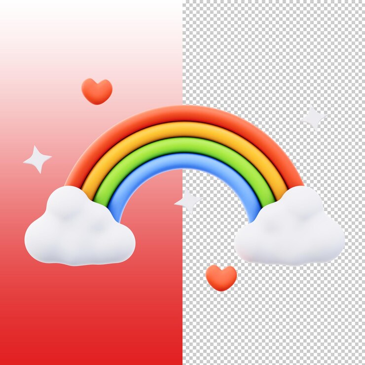 Arco iris de dibujos animados en 3D con nubes y corazones