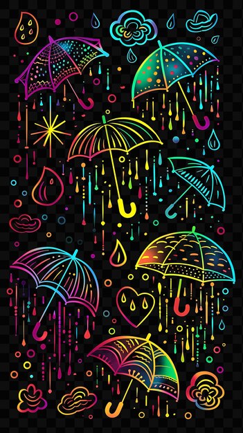 PSD un arco iris de gotas de lluvia y paraguas
