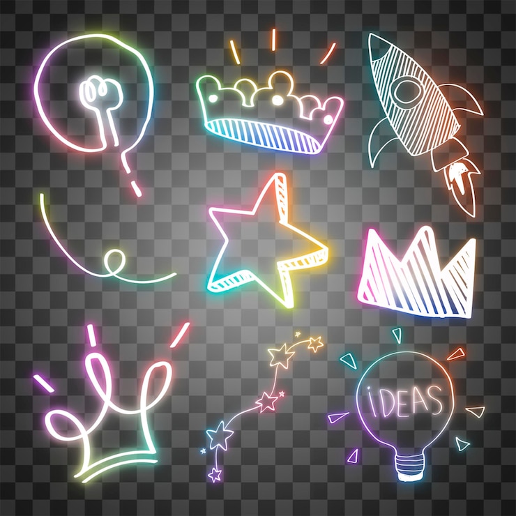 PSD el arco iris llevó a la luz png neón juego de doodle