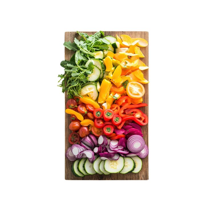 PSD arco iris de verduras frescas en una tabla de cortar de madera