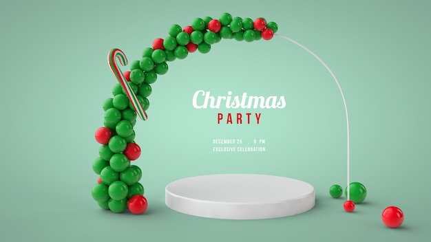 Arco de Navidad de globos y soporte Cartel de fiesta Plantilla PSD render 3d