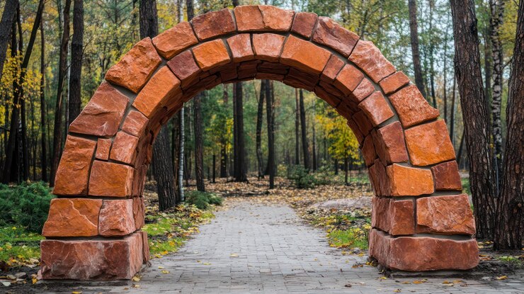 PSD arco de piedra en el sendero del bosque de otoño