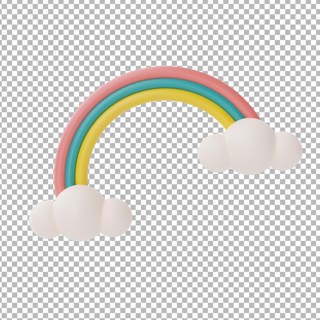 Arcobaleno colorato con nuvole isolate su sfondo biancorendering 3d di elementi estivi