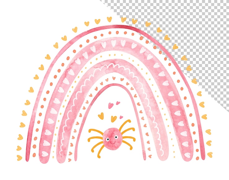 PSD arcobaleno rosa di halloween con ragno bambino simpatica illustrazione ad acquerello per bambini halloween psd