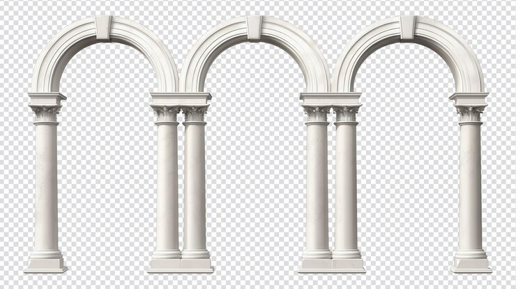 PSD arcos blancos clásicos con columnas ornamentadas en un fondo transparente que destacan la elegancia arquitectónica y la versatilidad del diseño