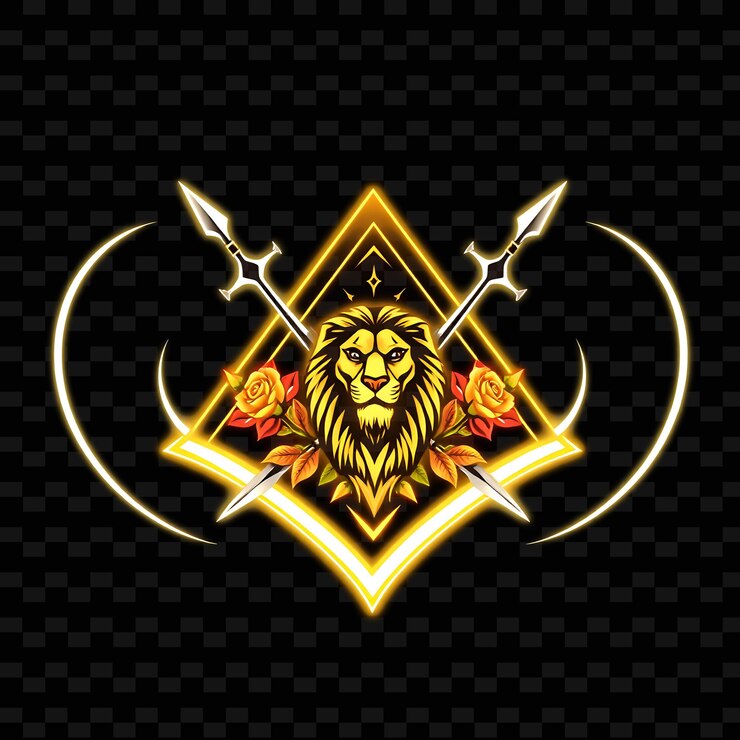 PSD arcos de neón relámpagos que describen una insignia triangular con bordes curvos y esquinas ornamentadas cruzadas de lanza