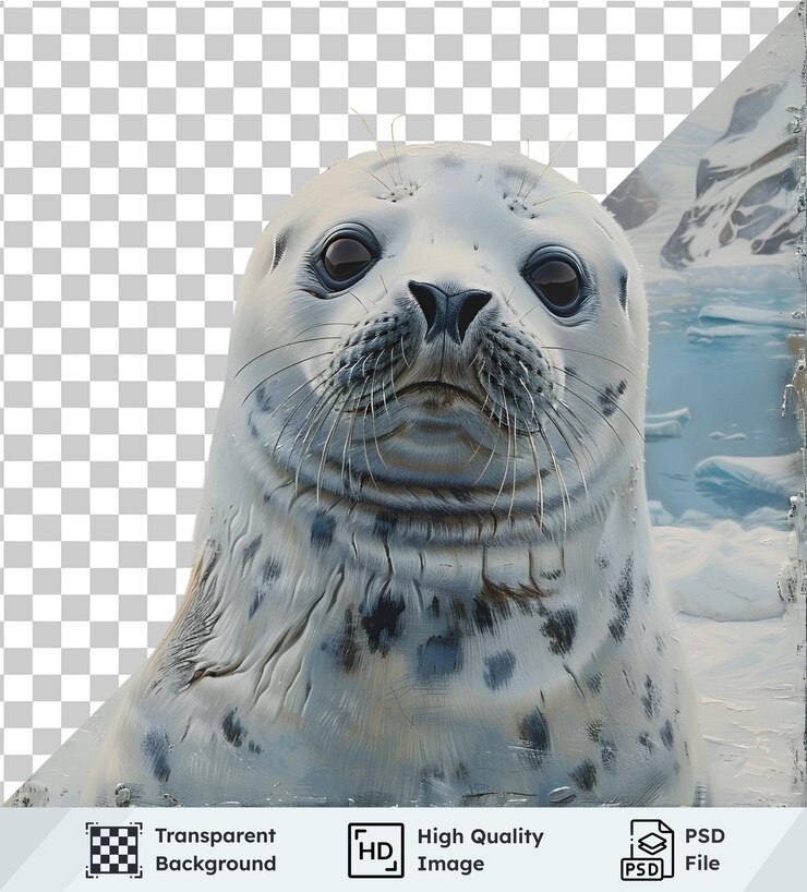 PSD arctic seal pup portrait against icy landscape with transparent background