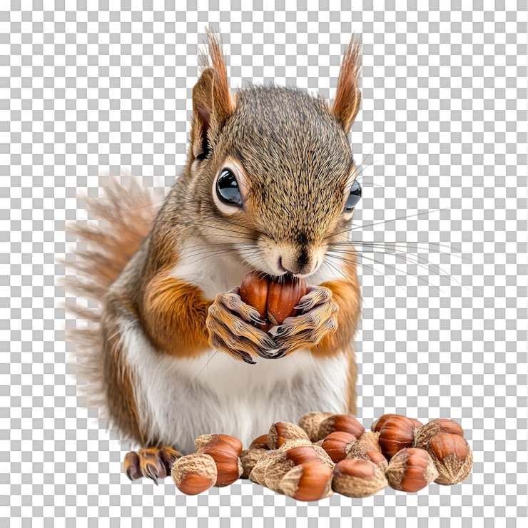 PSD la ardilla recoge nueces contra un fondo transparente para estudios de la vida silvestre contenido de la naturaleza o materiales educativos
