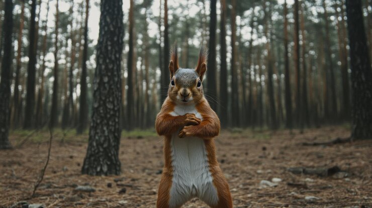 PSD la ardilla roja hace una pose en un bosque de pinos