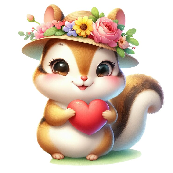 PSD una ardilla con un sombrero de flor sosteniendo un corazón que dice "la ardilla"