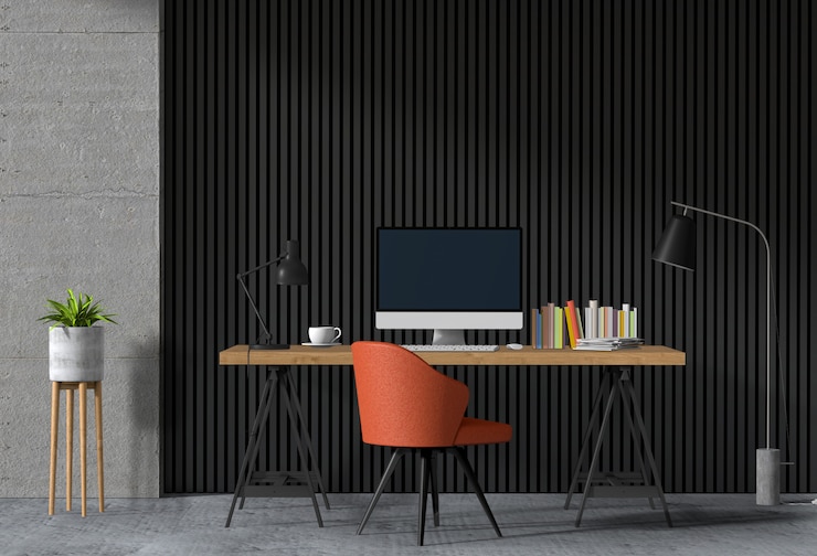 Área de trabalho moderna sala de estar com mesa e computador de mesa
