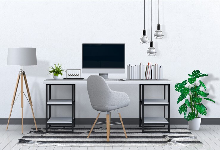 PSD área de trabalho moderna sala de estar com mesa e computador de mesa