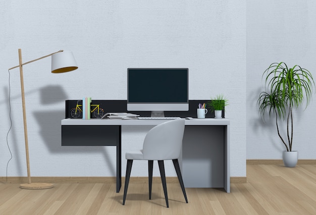 Área de trabalho moderna sala de estar interior com mesa e computador de mesa