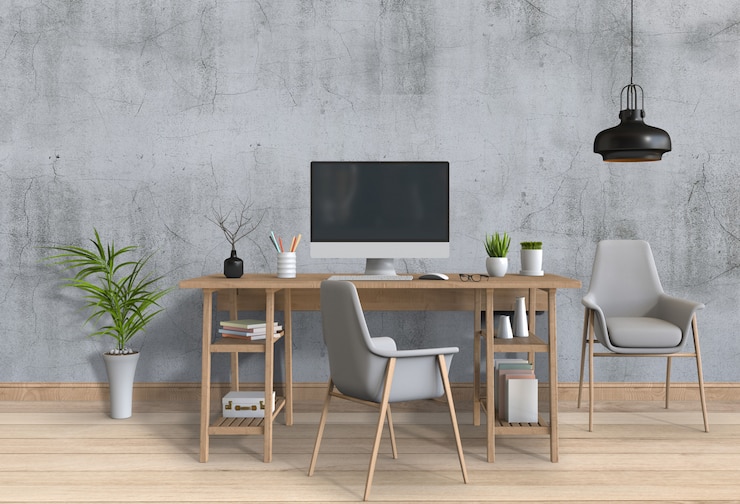 PSD área de trabalho moderna sala de estar interior com mesa e computador de mesa