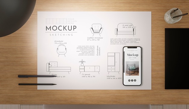 Area di lavoro con mockup di schizzi e mobile