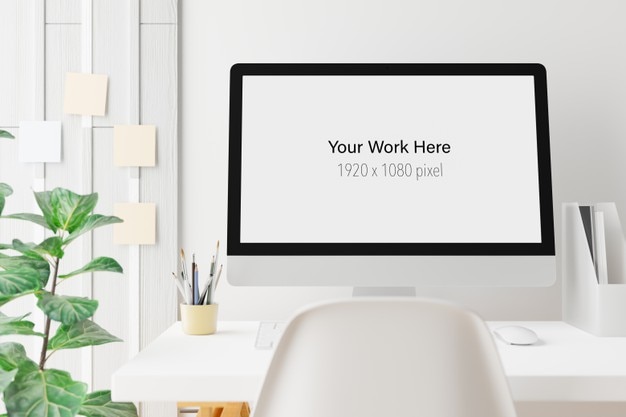 Area di lavoro con schermo mockup del computer portatile nel rendering 3D