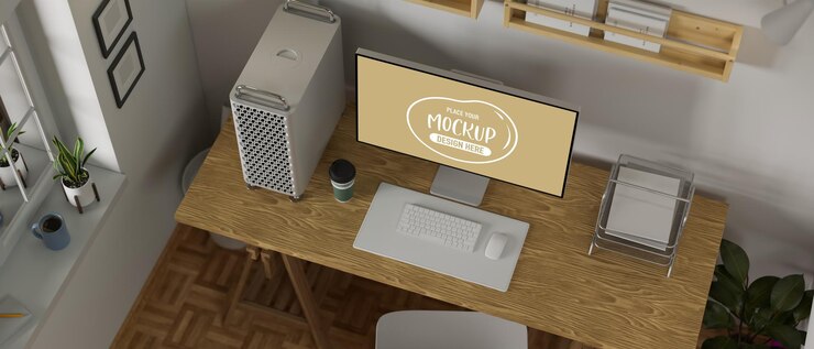 PSD area di lavoro loft con computer desktop, cancelleria sulla scrivania e spazio copia, rendering 3d, illustrazione 3d