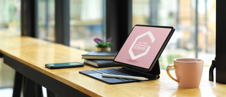 PSD area di lavoro portatile con tavoletta digitale mockup, forniture e tazza da caffè